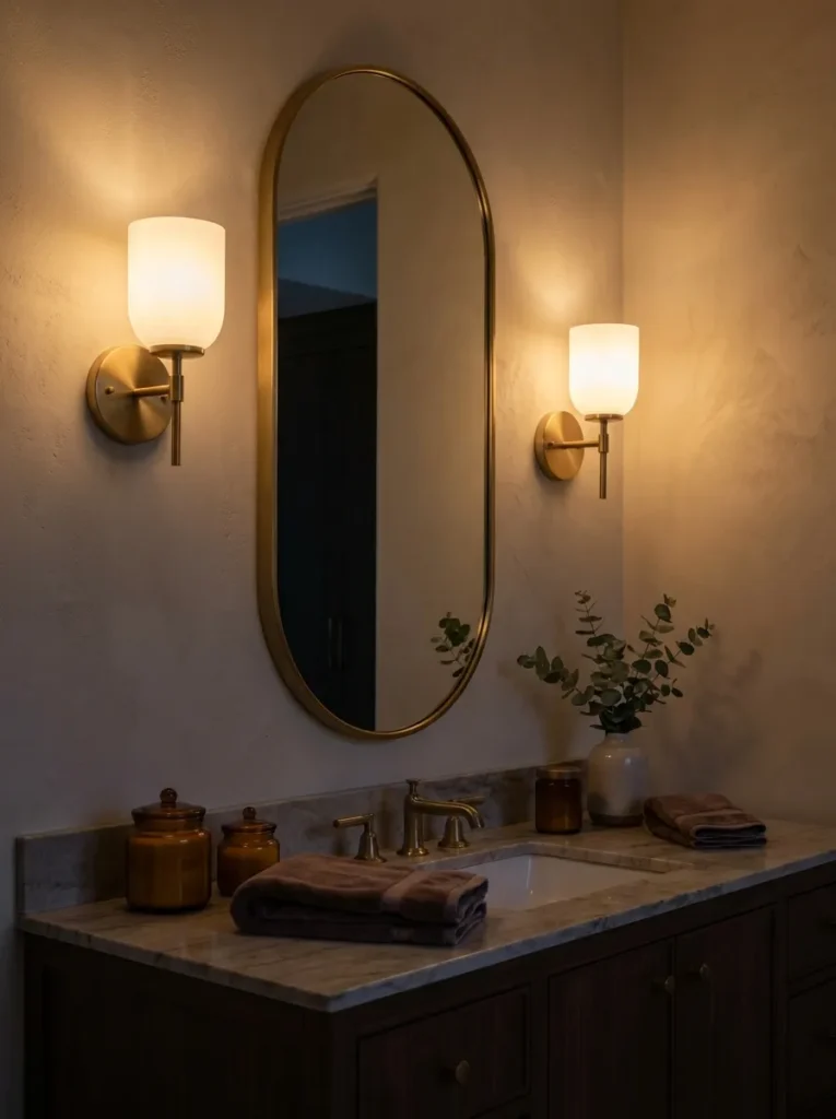 Brass wall sconces framing a mirror in an expensive looking half bath