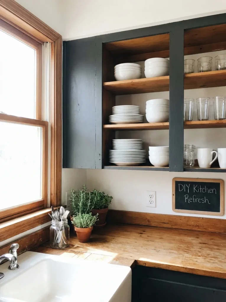 Kitchen upper cabinets with doors removed to create open shelving