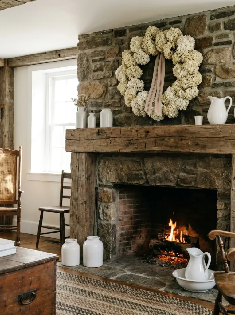 White hydrangea wreath with a red ribbon hanging above a fireplace.