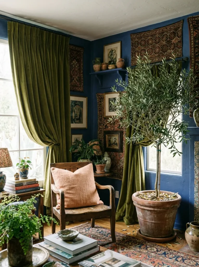 Indigo blue walls with olive green curtains and peach accents – Mediterranean maximalist style