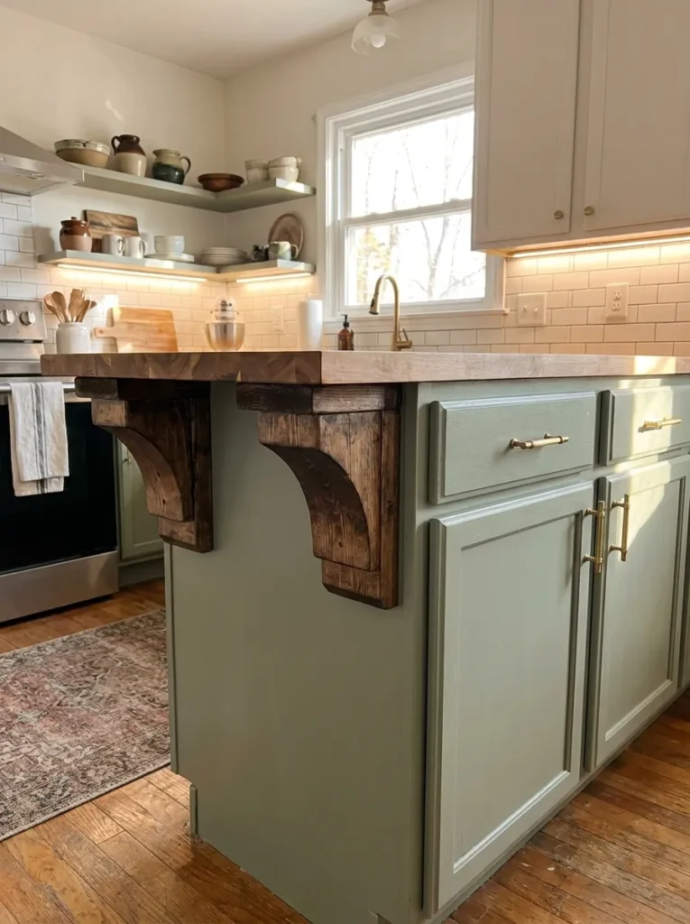 Decorative wooden corbels added under a kitchen island counter overhang