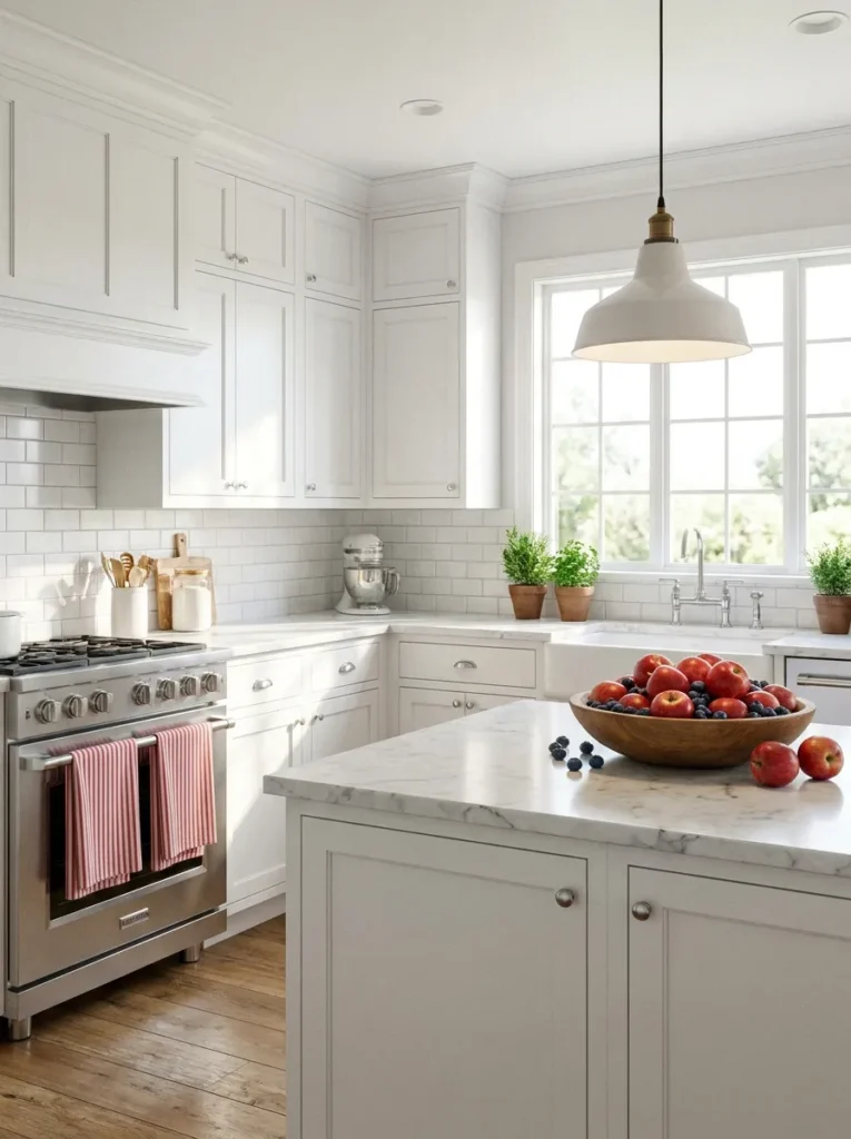 White kitchen with red pinstripe towels and a bowl of fresh summer fruit.