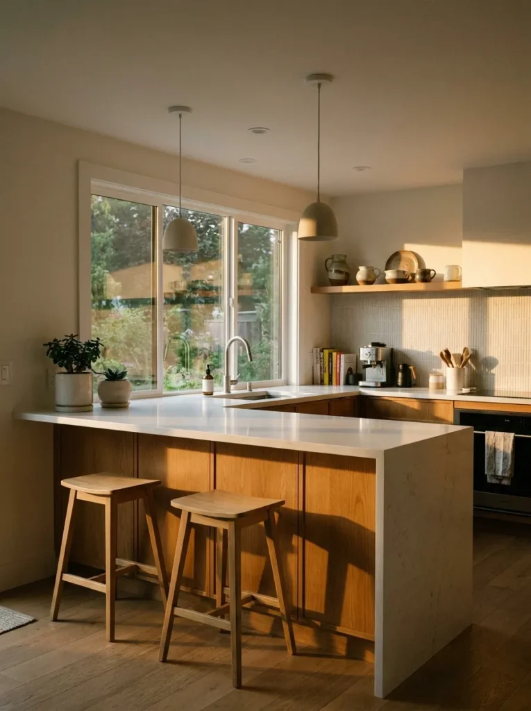 Kitchen peninsula counter overhang with two wooden stools tucked underneath