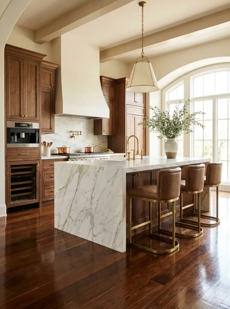 Massive kitchen island with double waterfall marble edge