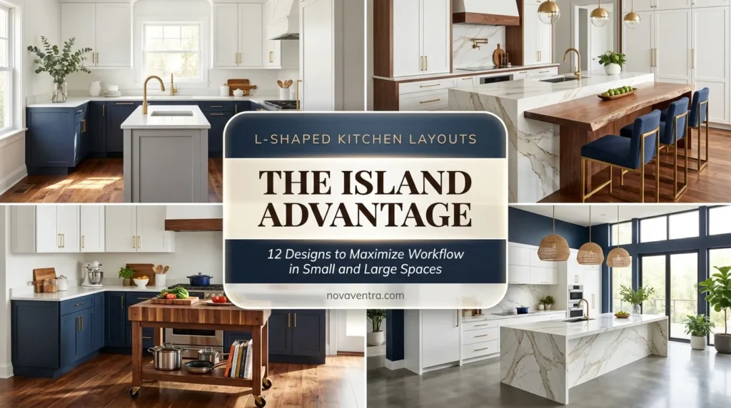 12 L-Shaped Kitchen Designs With Island for Small and Large Spaces featuring narrow islands, rolling butcher blocks, custom dining integrations, and double waterfall edges.