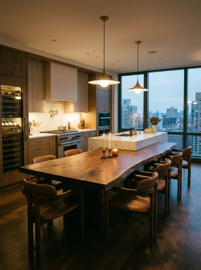 Custom live edge dining table integrated into a kitchen island