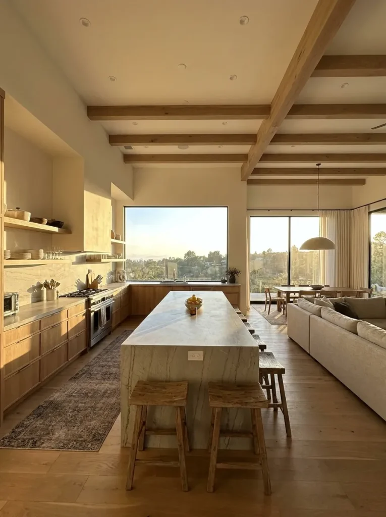 Massive open concept L-shaped kitchen floor plan with a panoramic window