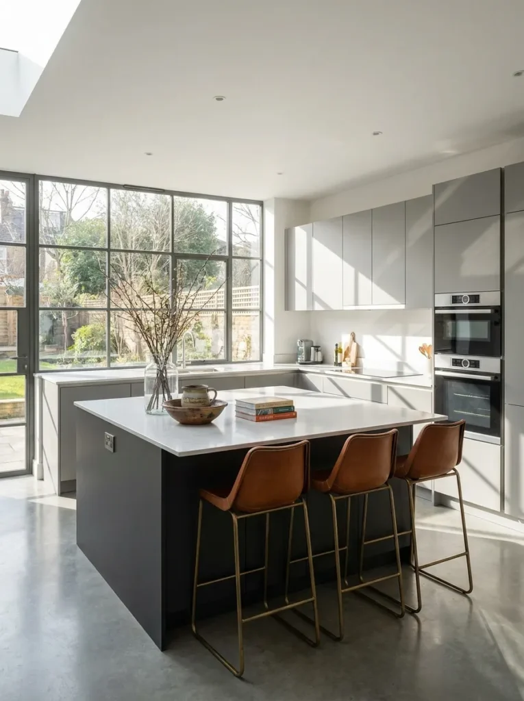 Cognac leather statement bar stools tucked under a large modern kitchen island