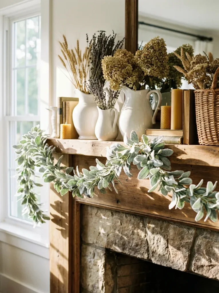 Lamb’s ear garland on summer mantel – soft texture and movement