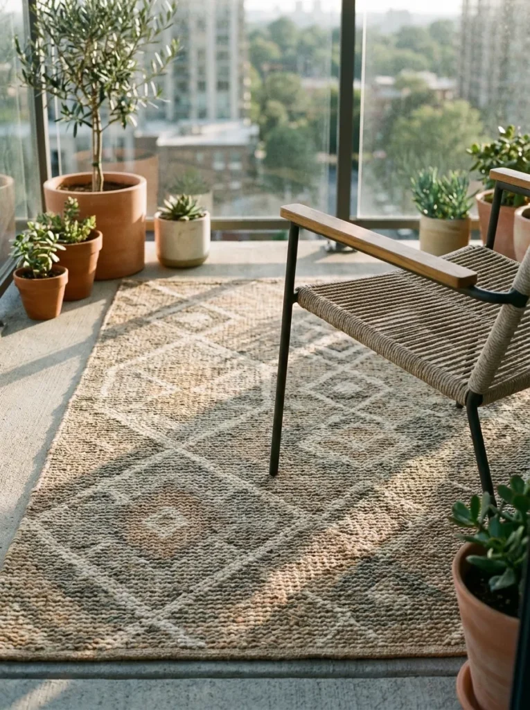 Large woven outdoor rug anchoring balcony furniture – the floor layer of an outdoor room