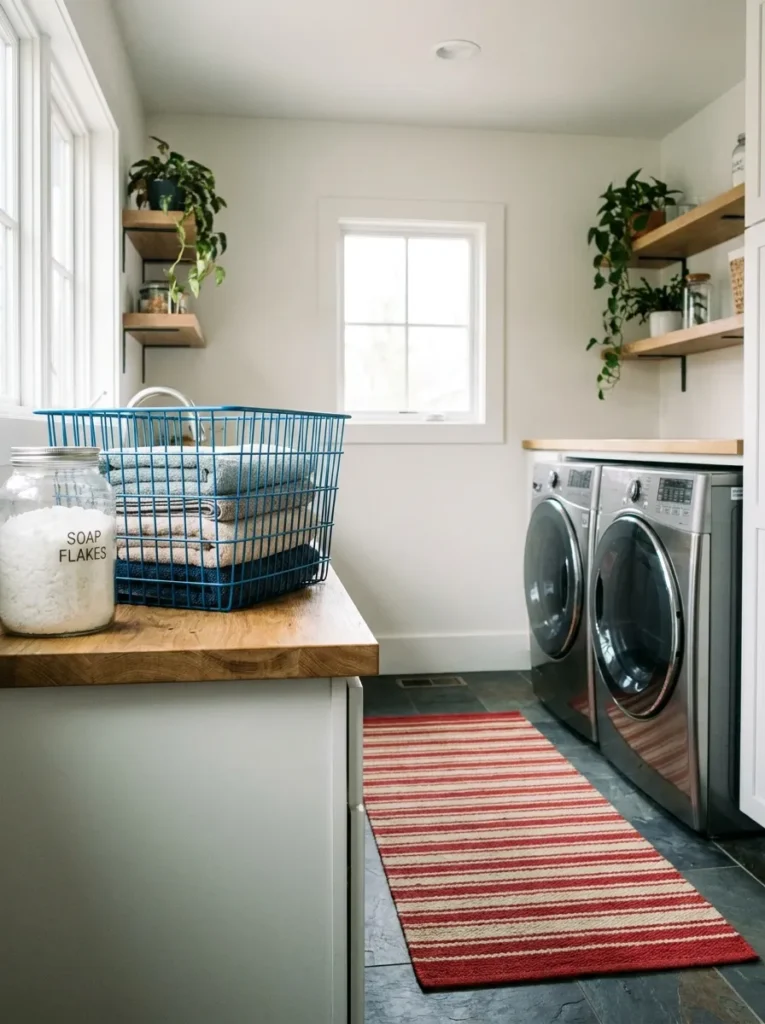 Laundry room with blue baskets and a red striped rug.