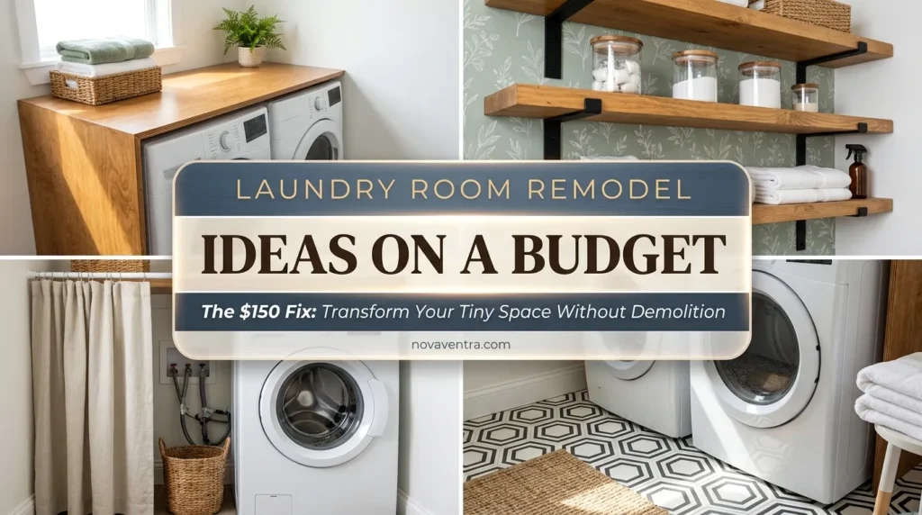 Laundry room remodel ideas on a budget small space featuring plywood countertops, floating shelves, glass jars, and peel and stick tile.