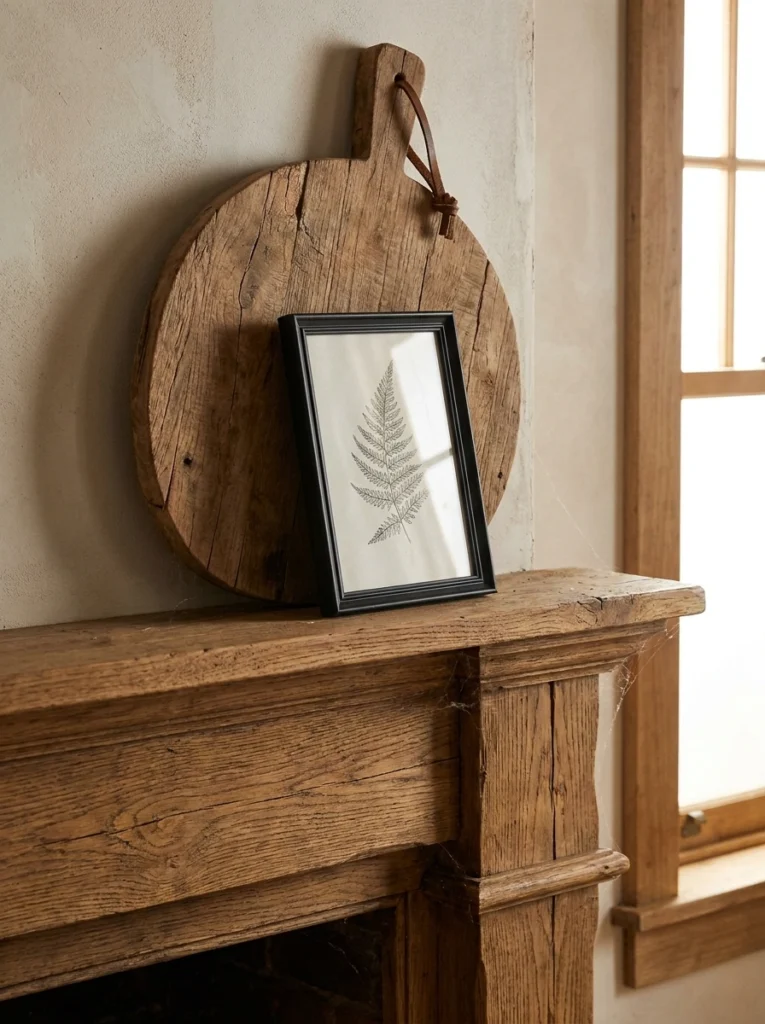 Layered botanical art and a wooden cutting board on a mantel.