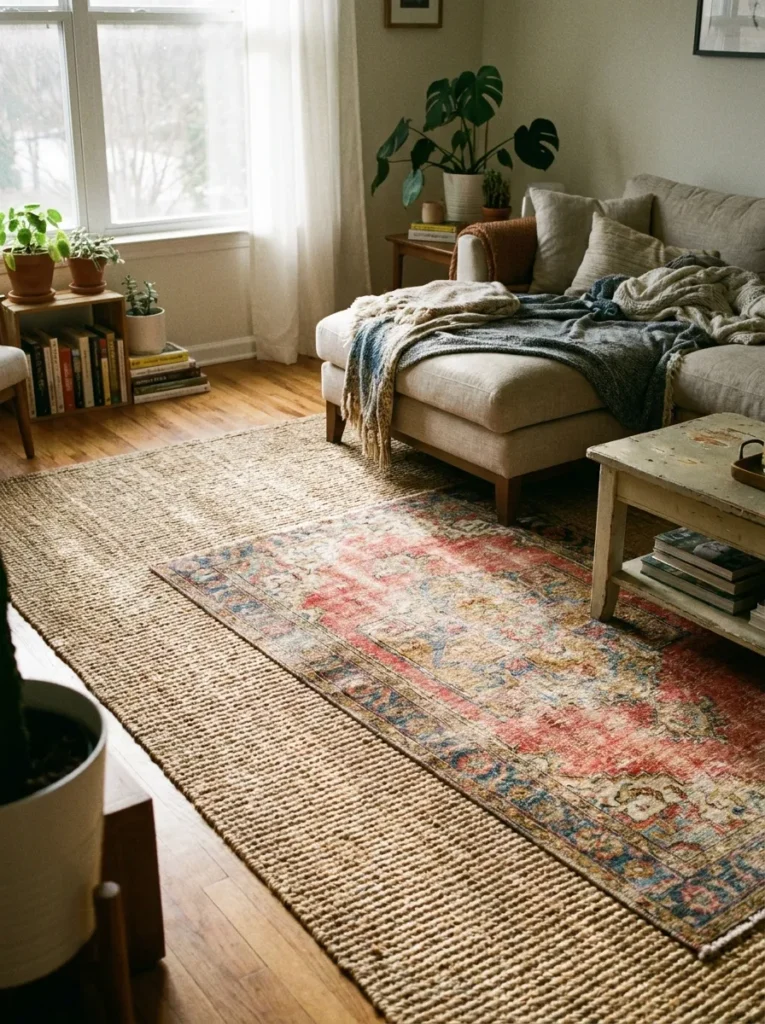Layered jute and vintage patterned rugs – budget flooring trick for maximalism