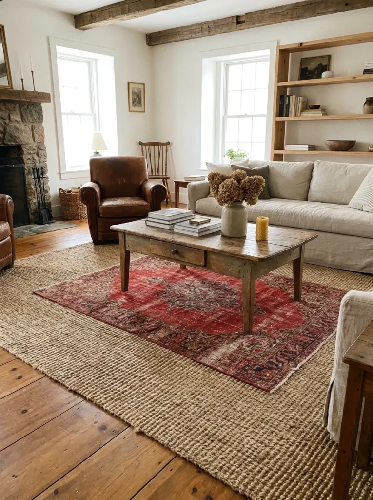 Layered jute and vintage wool rugs in a rustic farmhouse living room.