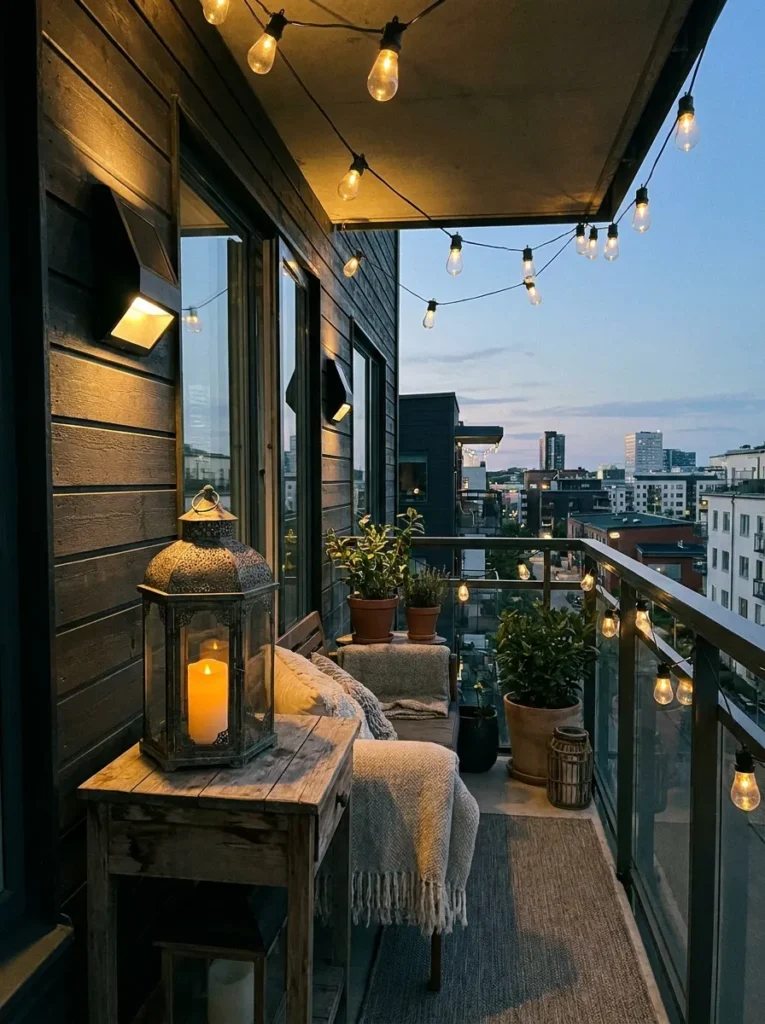 Layered outdoor lighting with wall sconces and lantern – designed condo balcony
