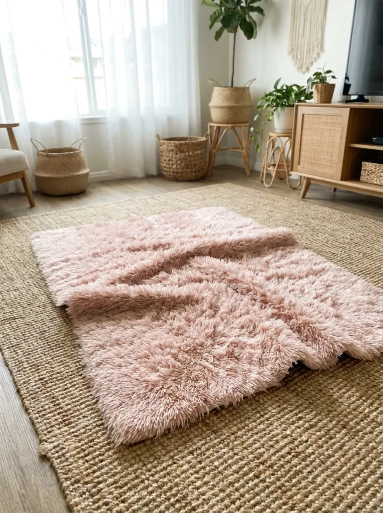 Layered pink over jute rug – coastal boho styling tip
