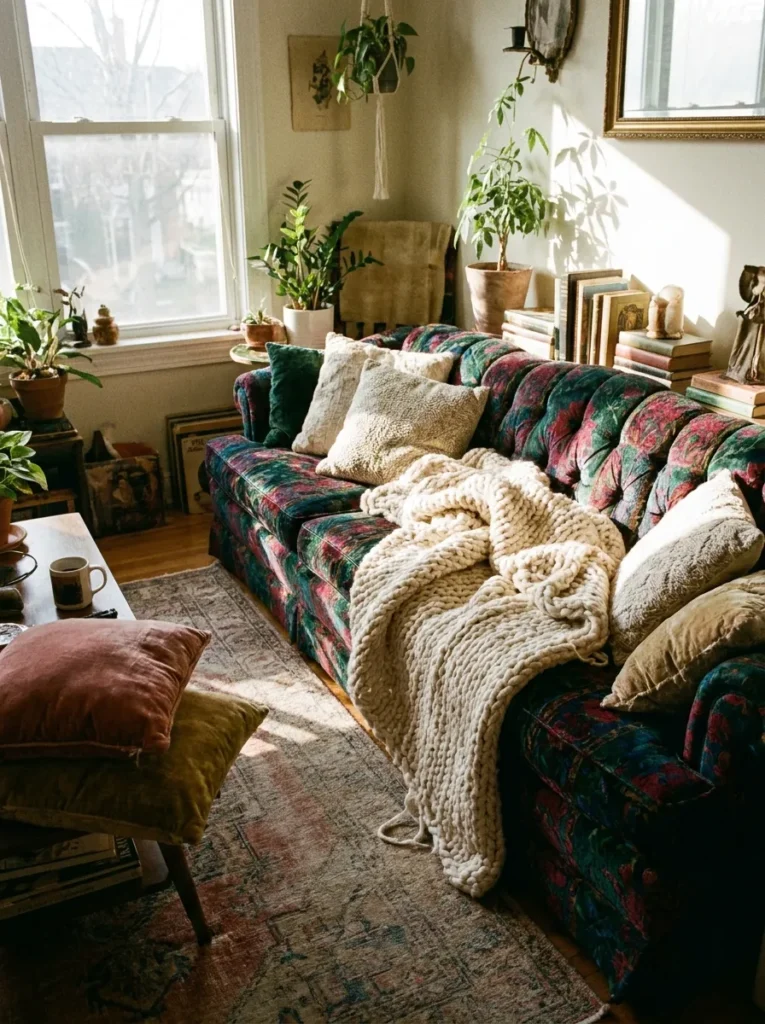 Layered textiles with chunky knit throw and velvet pillows – adding texture to a maximalist room