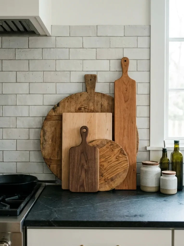 Layered wooden cutting boards leaning against a kitchen wall.
