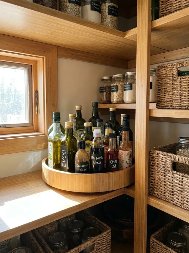 Bamboo lazy susan turntable holding oils in a pantry corner
