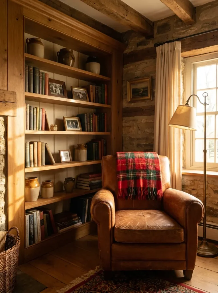 Worn leather armchair in a cozy farmhouse living room corner.