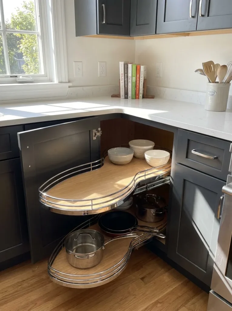 LeMans kidney-shaped pull out shelves for blind kitchen corner cabinets