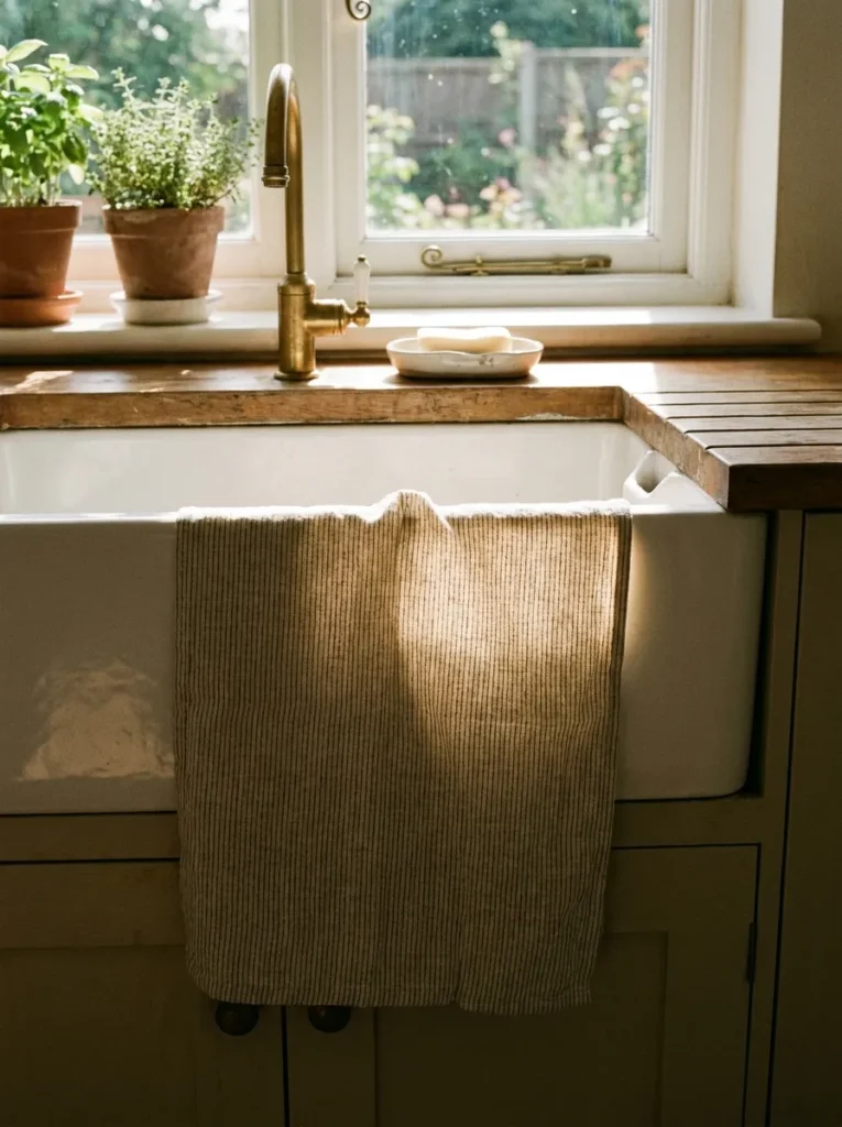 Linen pinstriped dish towel draped over a kitchen sink.