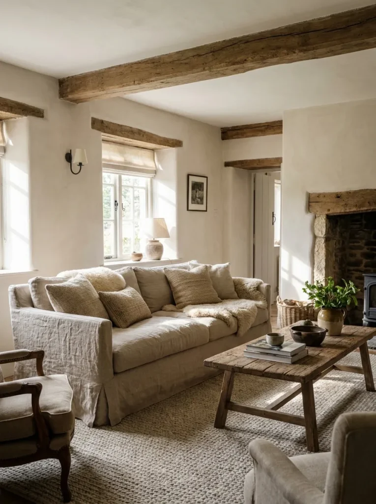 Sofa with a neutral linen slipcover in a farmhouse living room.