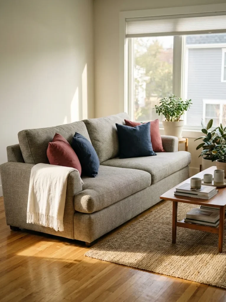 Neutral living room with muted red and blue linen pillows for summer.