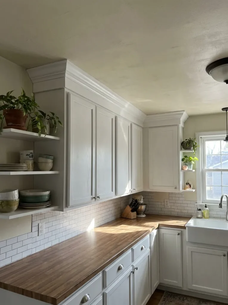 White crown molding added to the top of standard kitchen cabinets