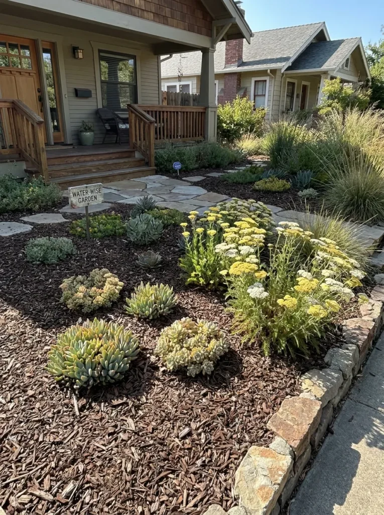 Low maintenance front yard garden – mulch and tough plants