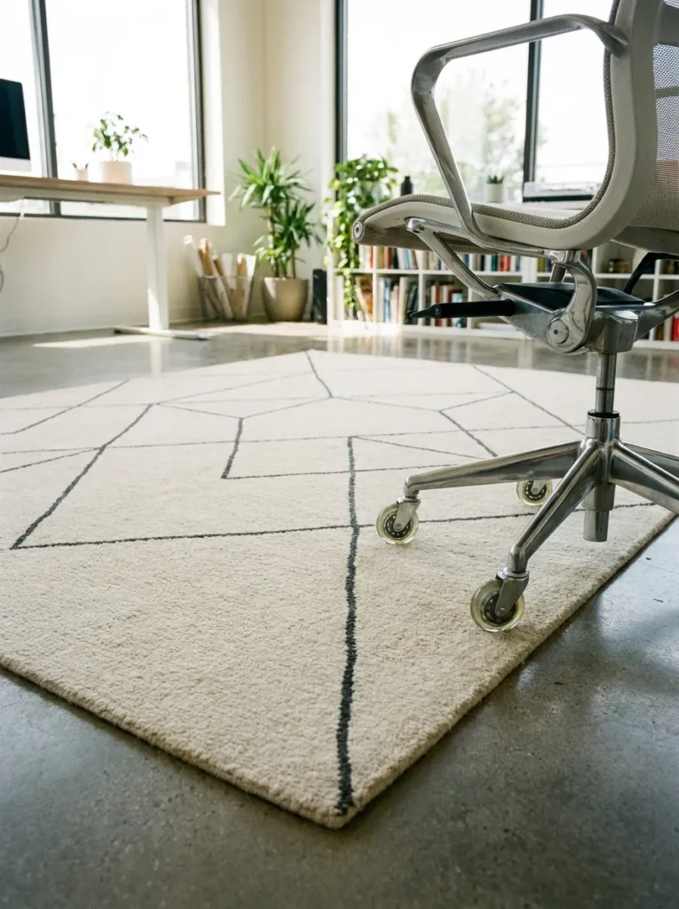 Cream and charcoal geometric low pile rug under an office chair