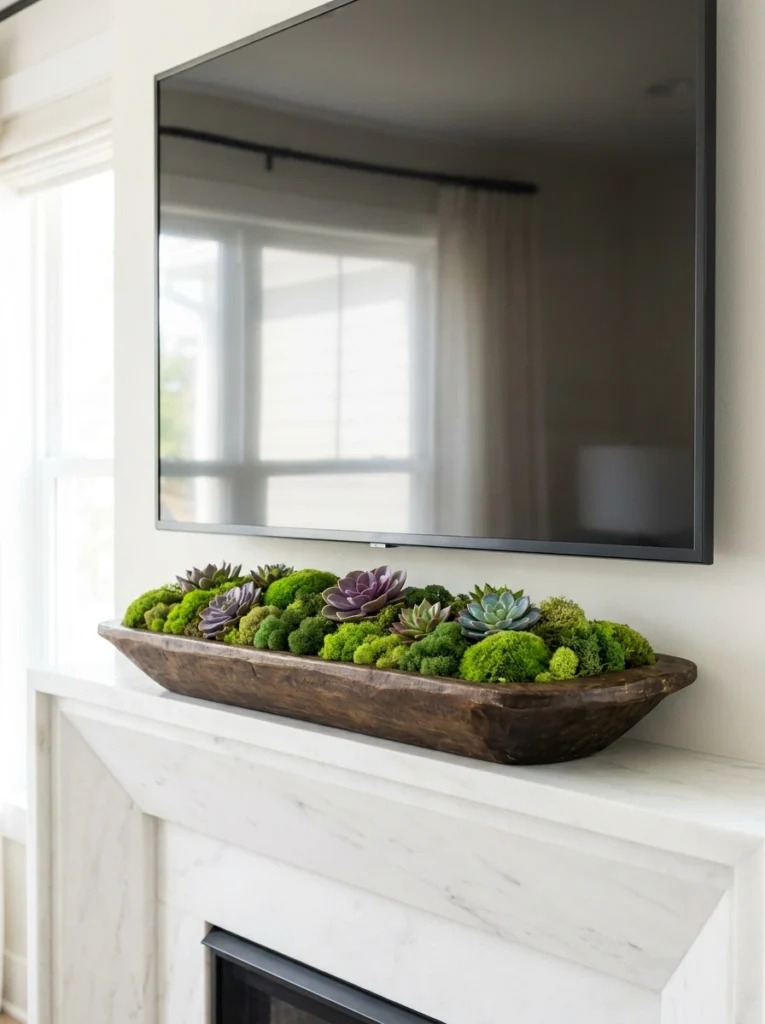 Low-profile wooden bowl with moss under a TV on a mantel.