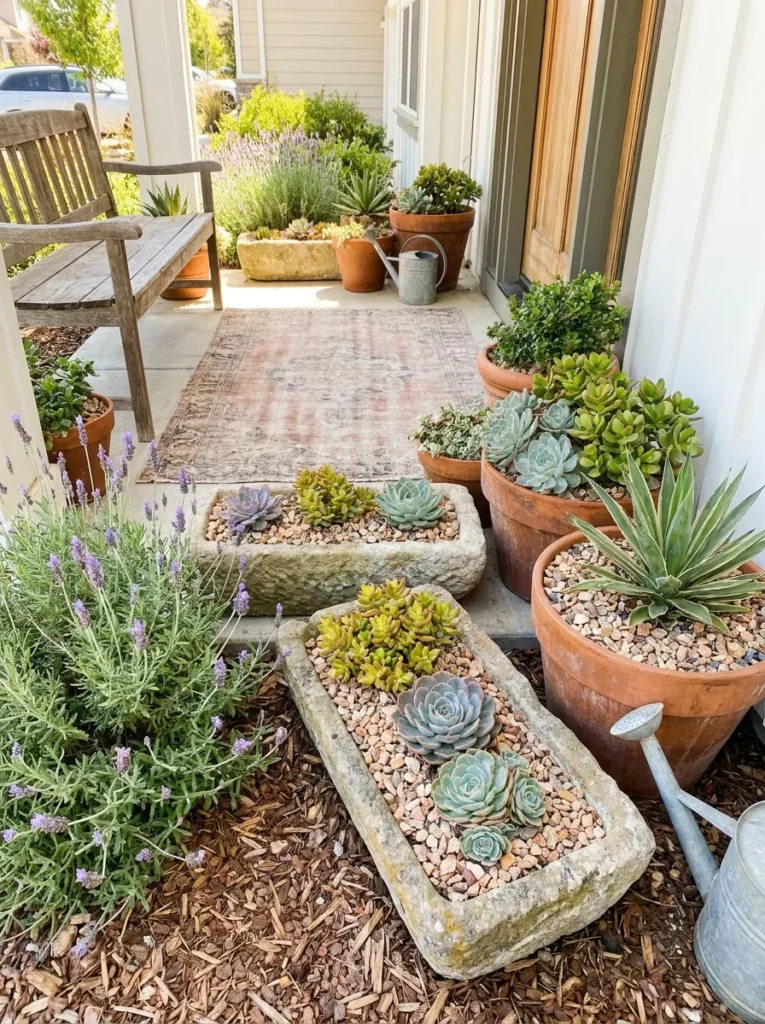 Low-water container garden for front porch – easy care beauty