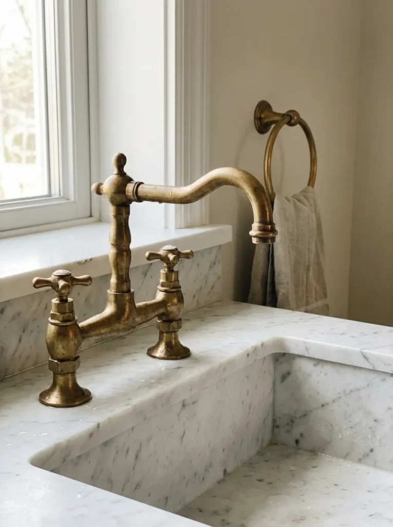 Unlacquered brass vintage faucet upgrade in a luxury half bath