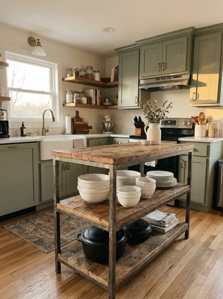 Open shelving kitchen island allowing light to flow in a small space