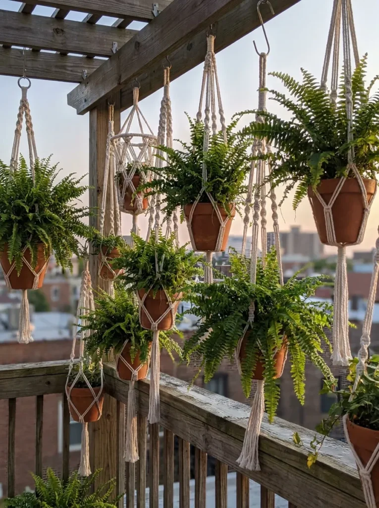 Hanging macrame planters with ferns – bohemian visual privacy barrier