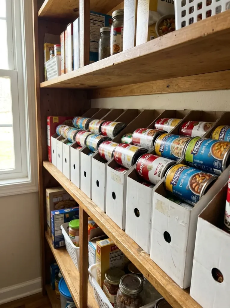 Magazine files repurposed as canned food dispensers in a pantry