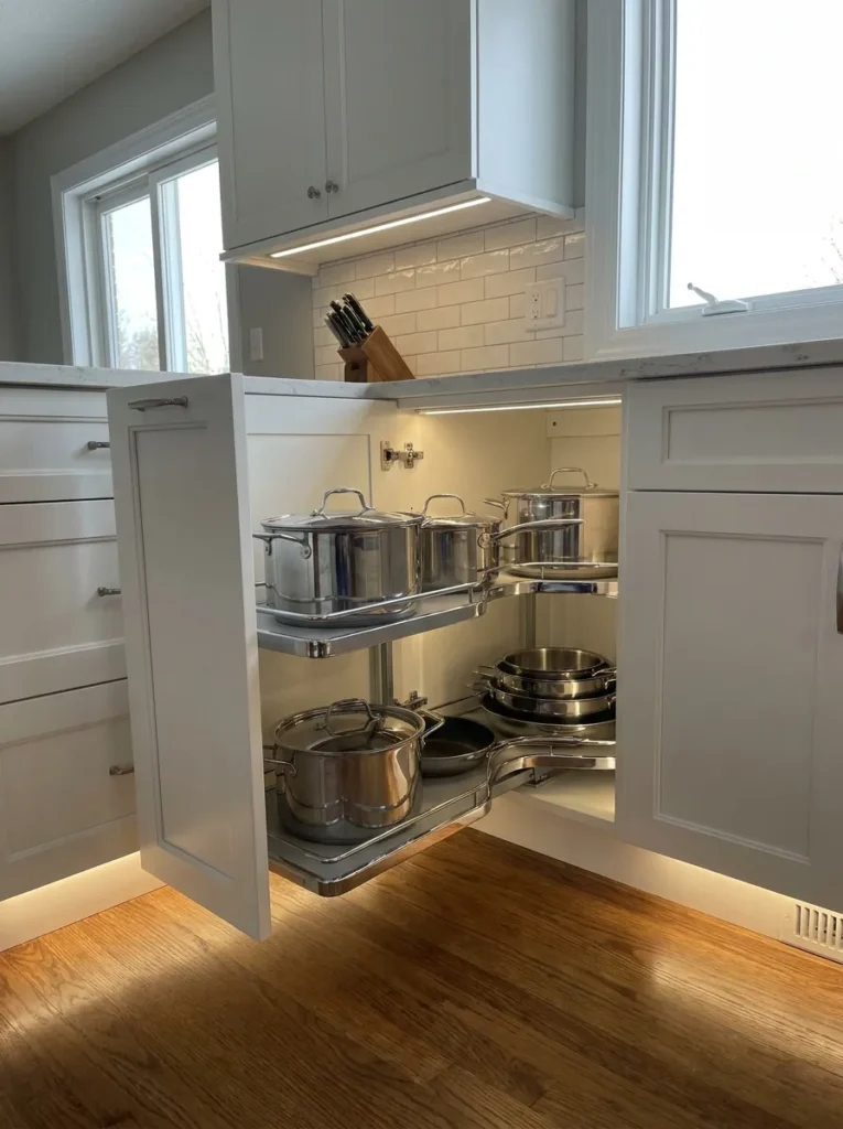 Magic corner pull-out shelving system maximizing kitchen cabinet corners