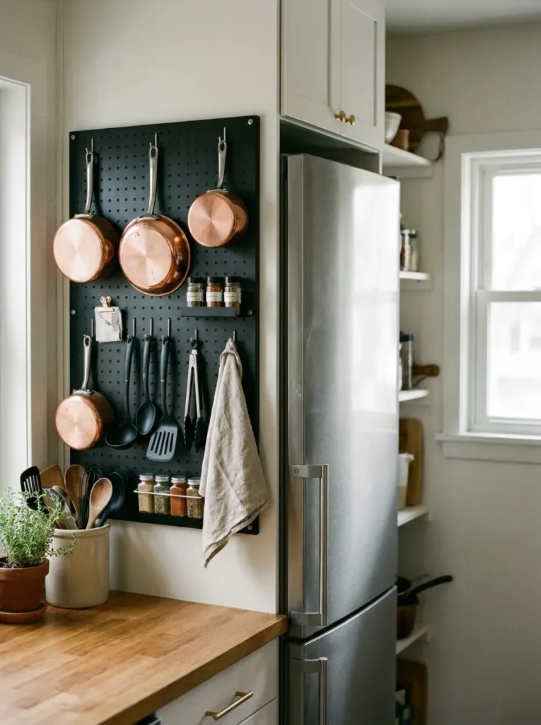 Magnetic pegboard on the side of a refrigerator holding pots and pans
