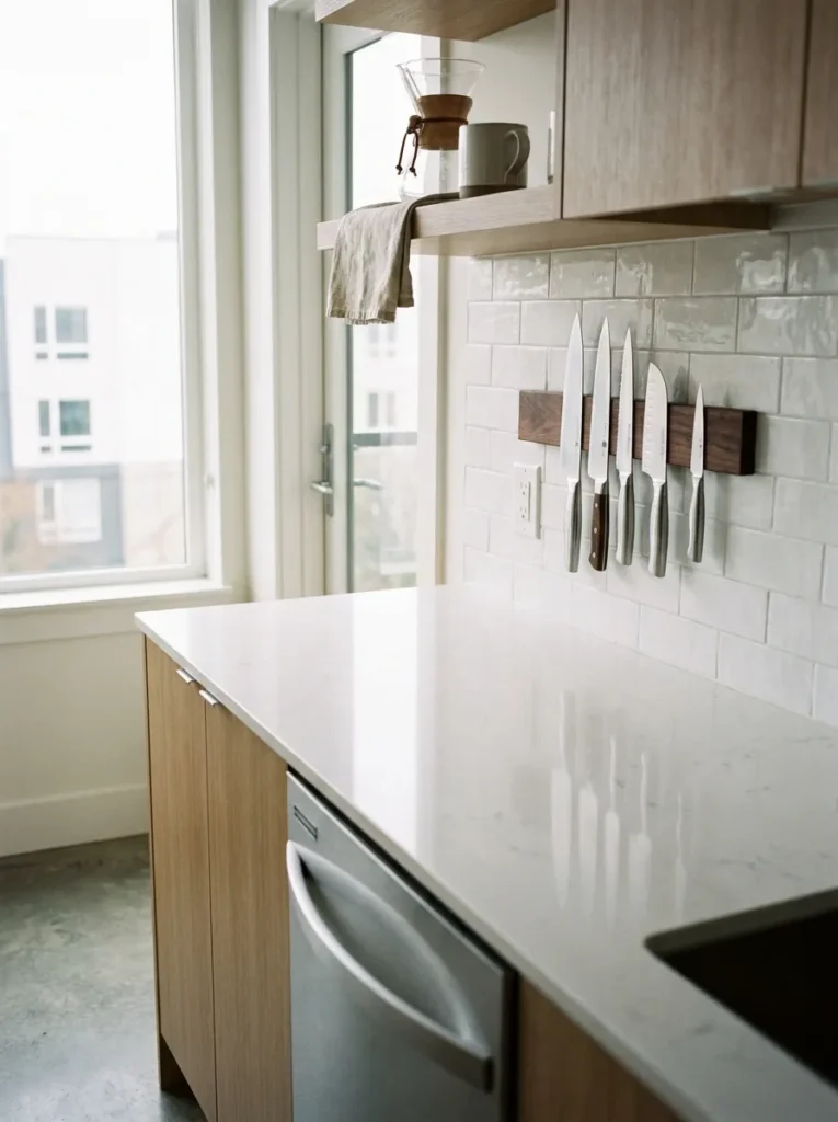 Magnetic knife strip on backsplash clearing small galley kitchen counter space