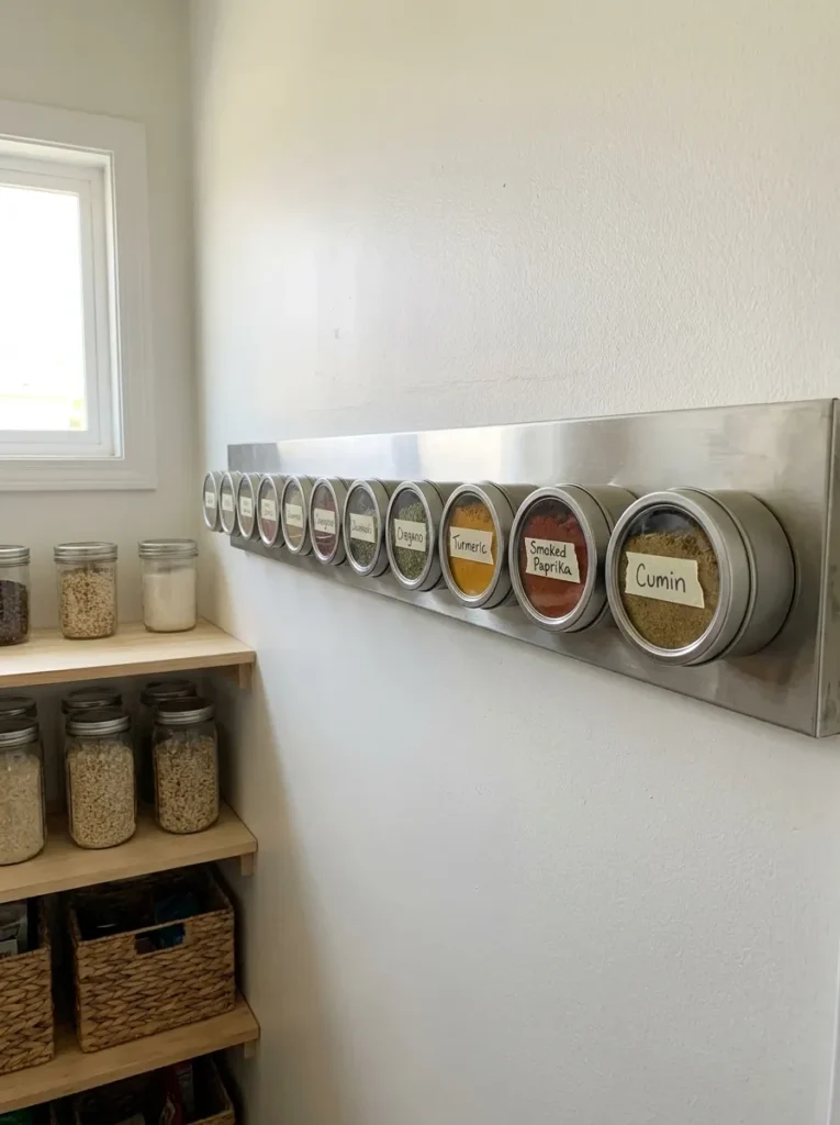 Magnetic strip holding metal spice tins on a pantry wall
