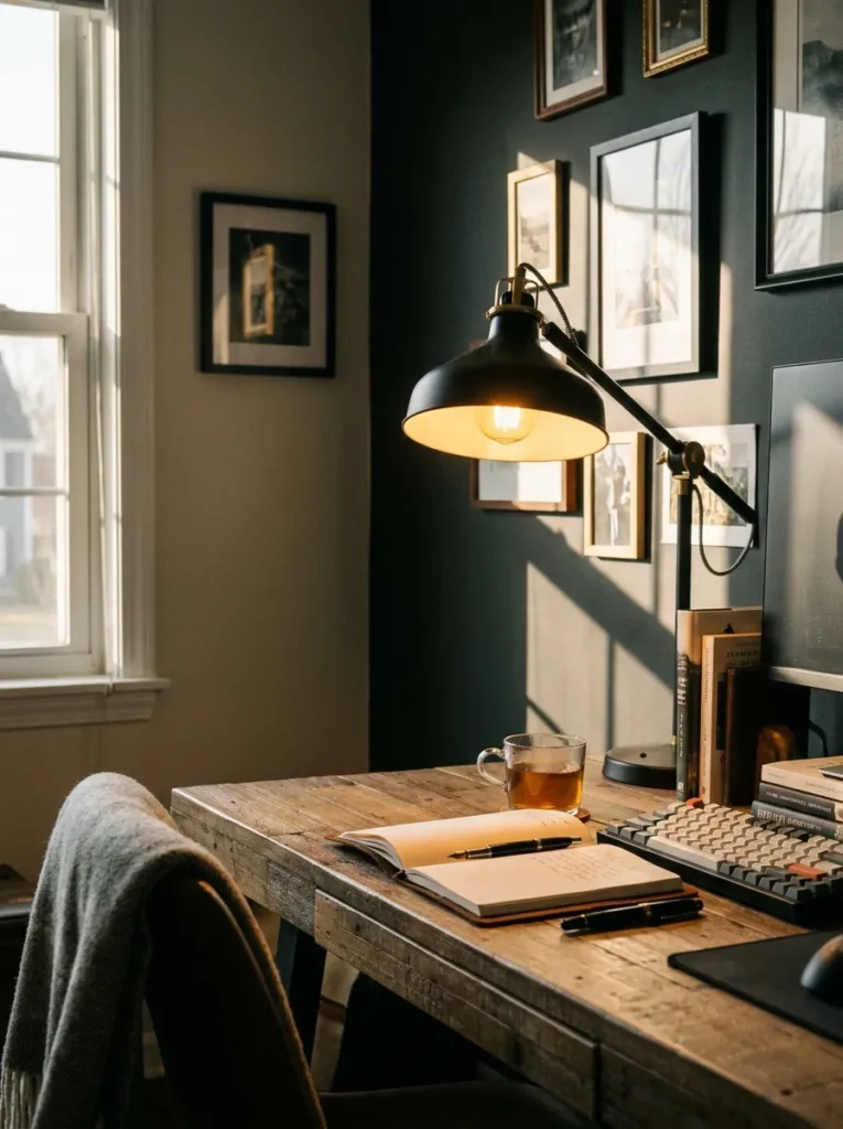Matte black adjustable desk lamp casting warm light over a workspace
