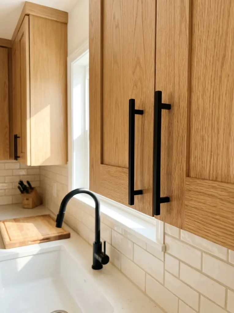 atte black hardware grounding a light oak and white tile kitchen