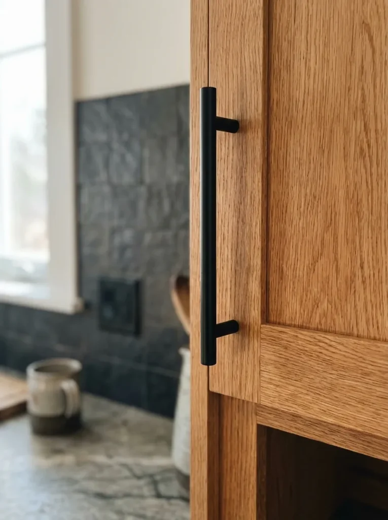 Matte black cabinet hardware tying together oak cabinets and a dark backsplash