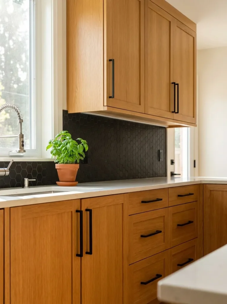 Matte black hexagon tile backsplash with honey oak cabinets