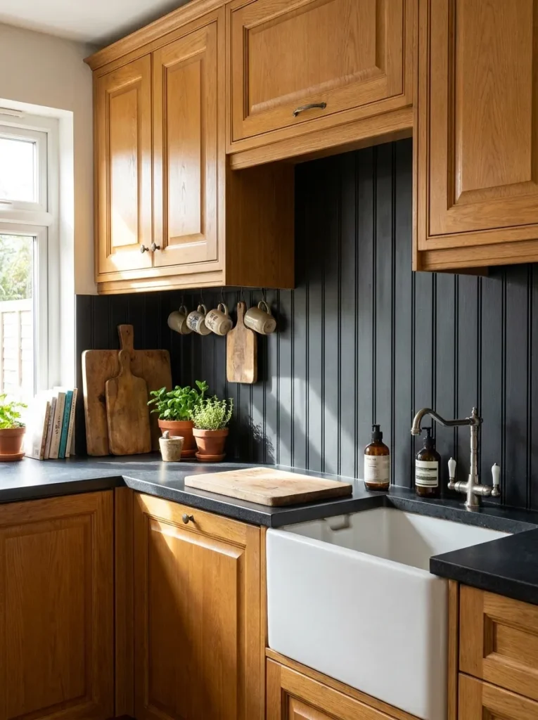 Dark matte black painted beadboard backsplash with oak cabinets