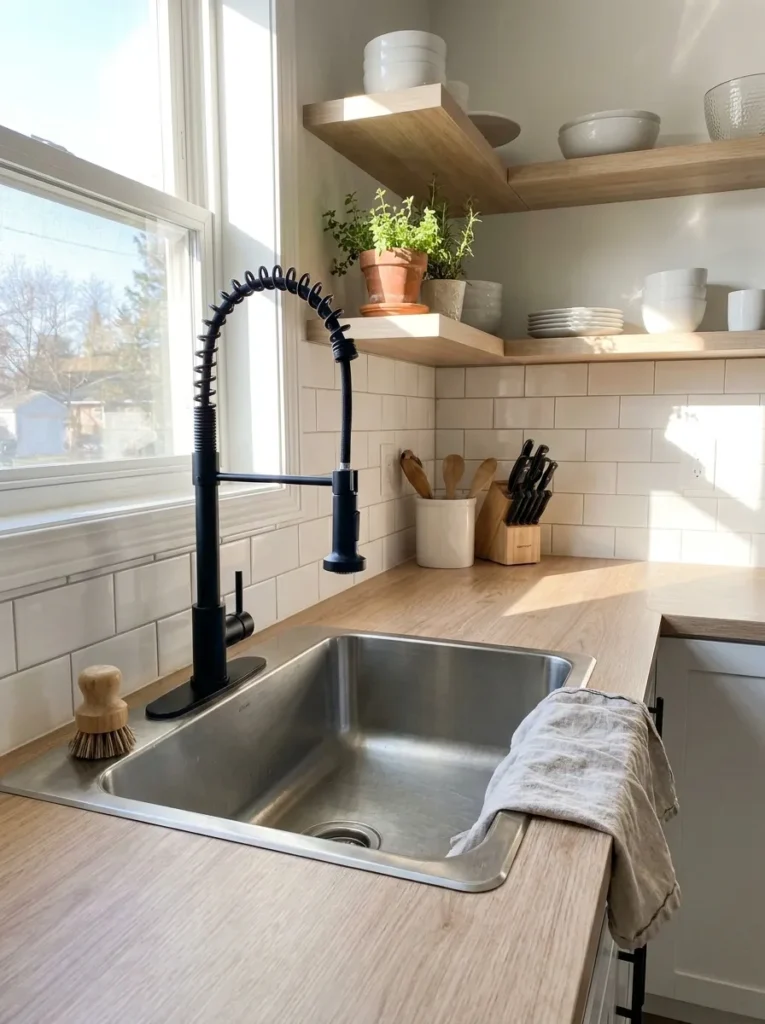 Tall modern matte black kitchen faucet replacing an old builder grade fixture