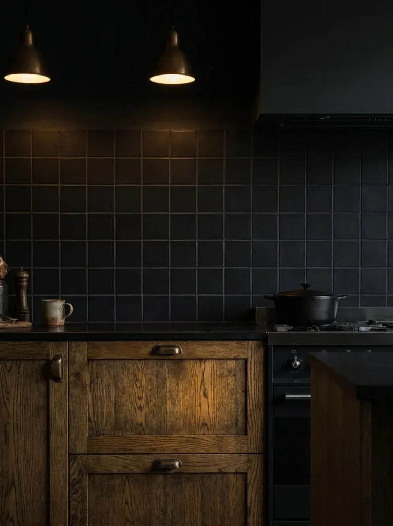 Matte black square tiles with matching dark grout next to oak cabinets