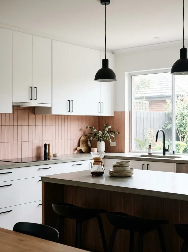 Matte blush pink vertical subway tile backsplash with white cabinets